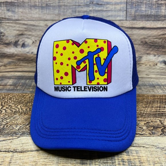 MTV Polka Dot Mens Trucker Hat Blue Snapback Retro 90s Logo Baseball Cap - Picture 2 of 8